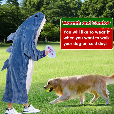Waitu shark blanket next to ruler and packaging illustrating adult size and gift-ready