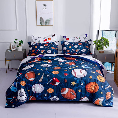 Wajade comforter on twin bed lifestyle shot showing playful sports bedroom appeal