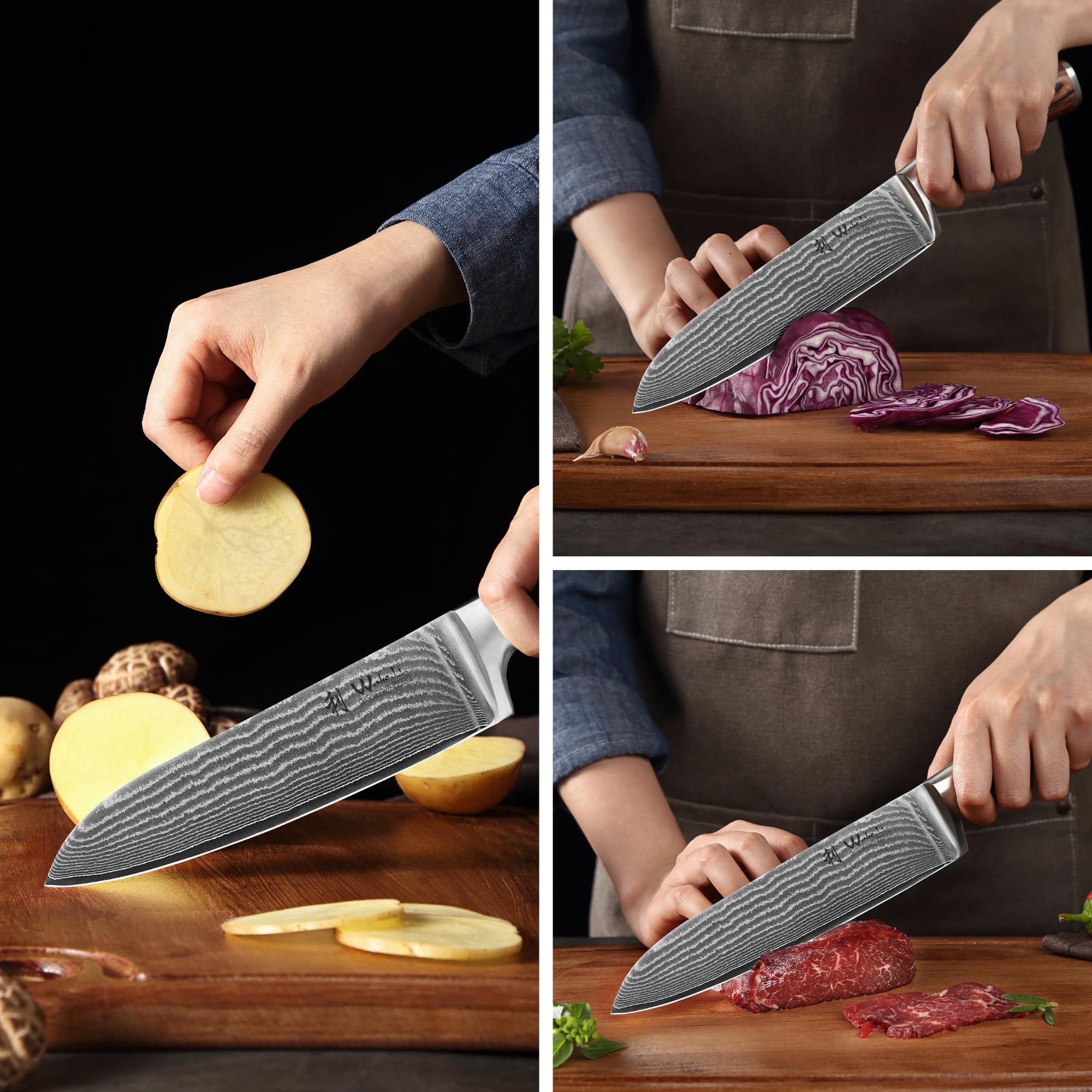 Wakoli knives beside vegetables to show real-world scale and prep use