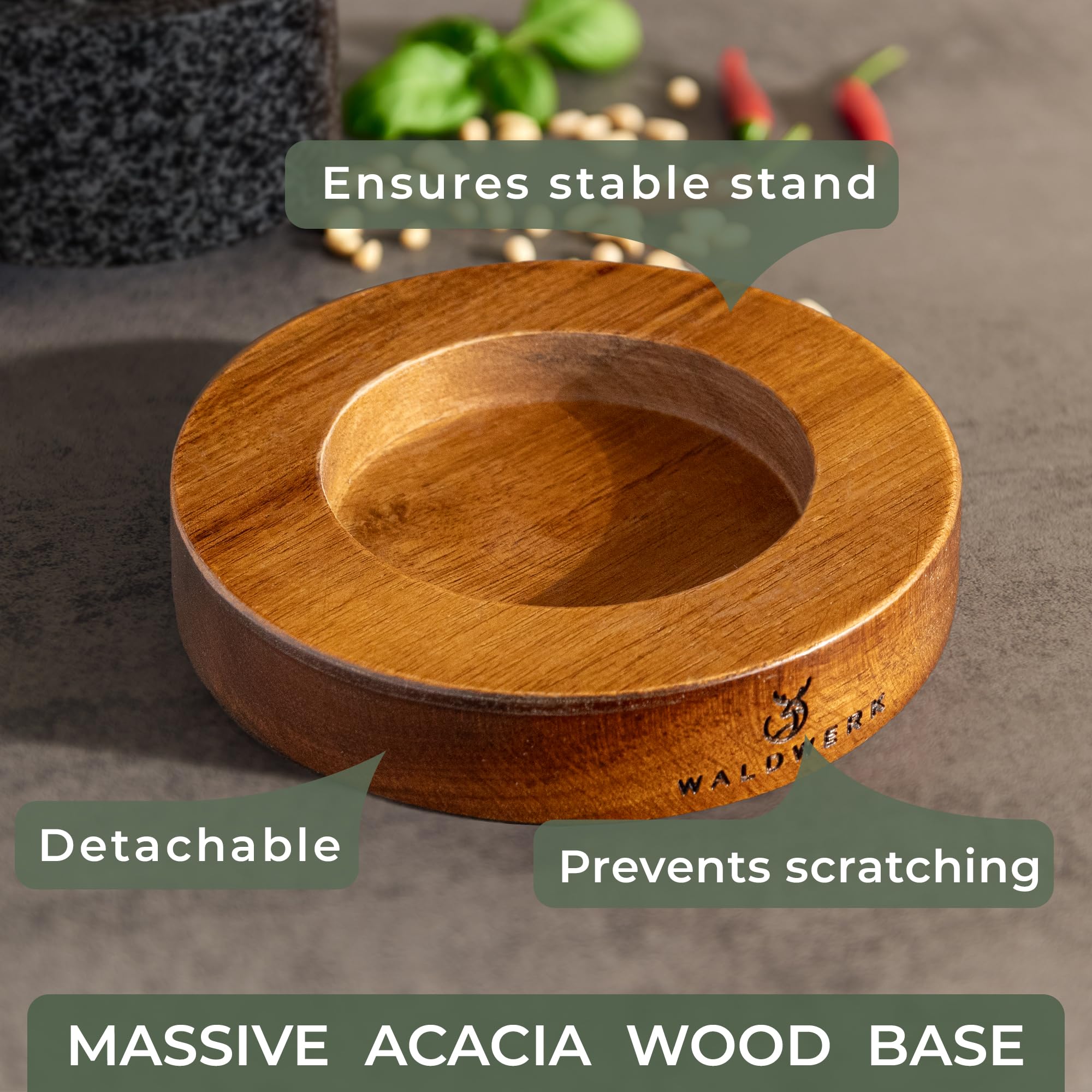 WALDWERK acacia wood base protecting countertop and preventing scratches