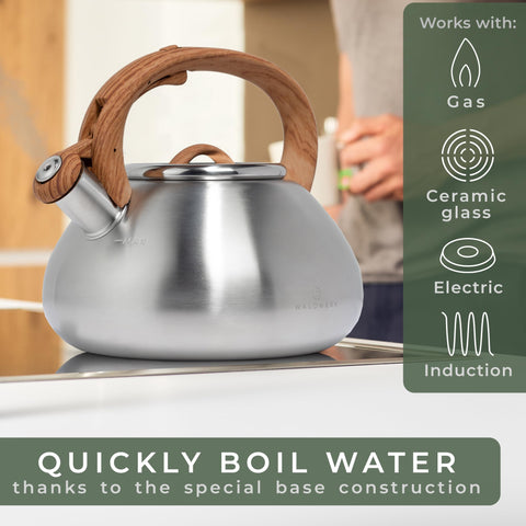 WALDWERK close-up of whistling spout, highlighting audible boil alert benefit