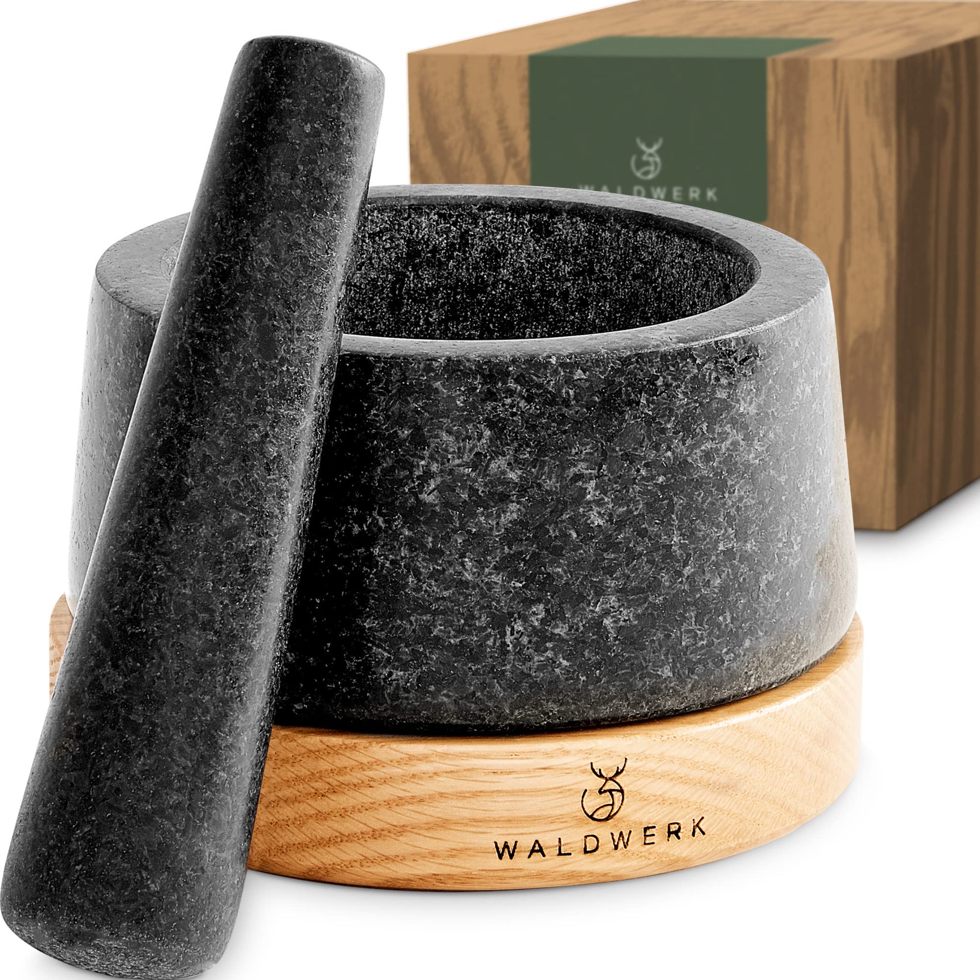 WALDWERK granite mortar front view showing sturdy bowl and oak base for stability