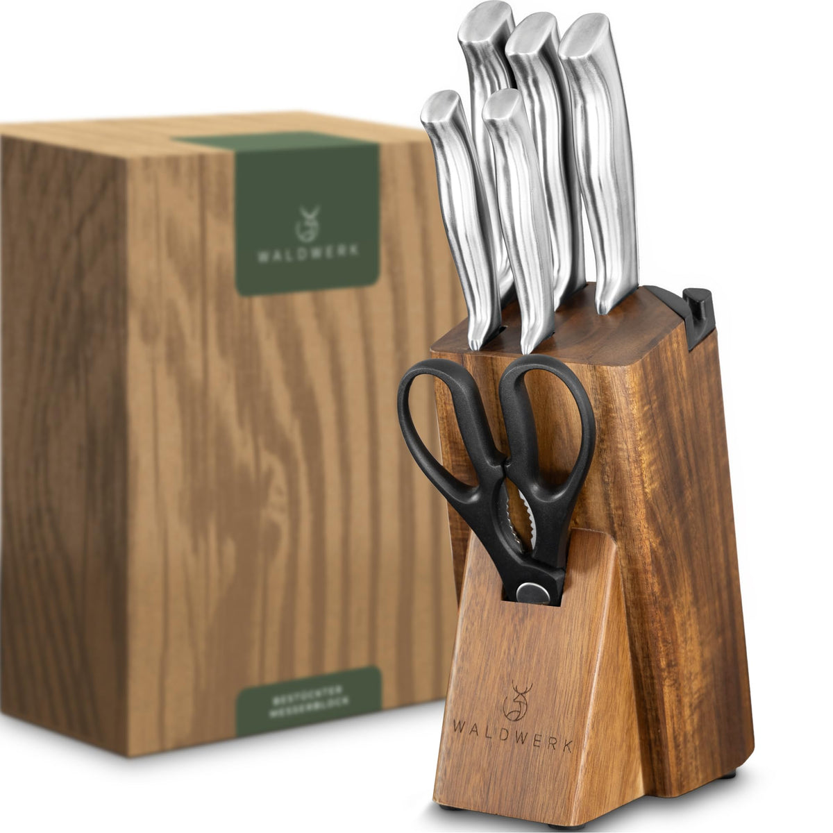 WALDWERK front view of 7-piece knife set showing block and blades, durable storage benefit
