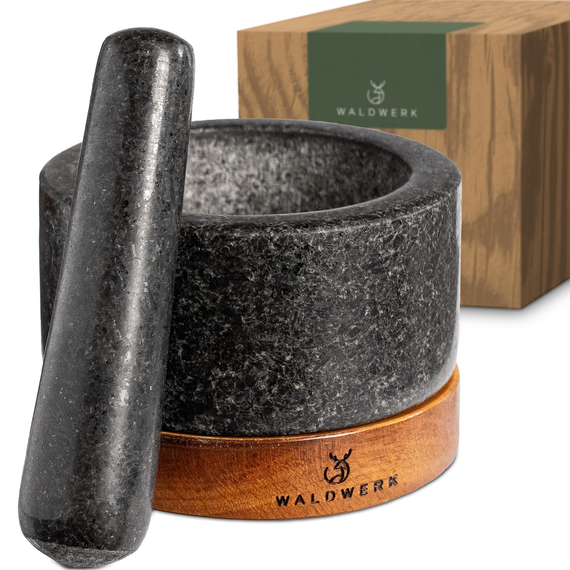 WALDWERK mortar front view showing elegant granite and stable base benefit