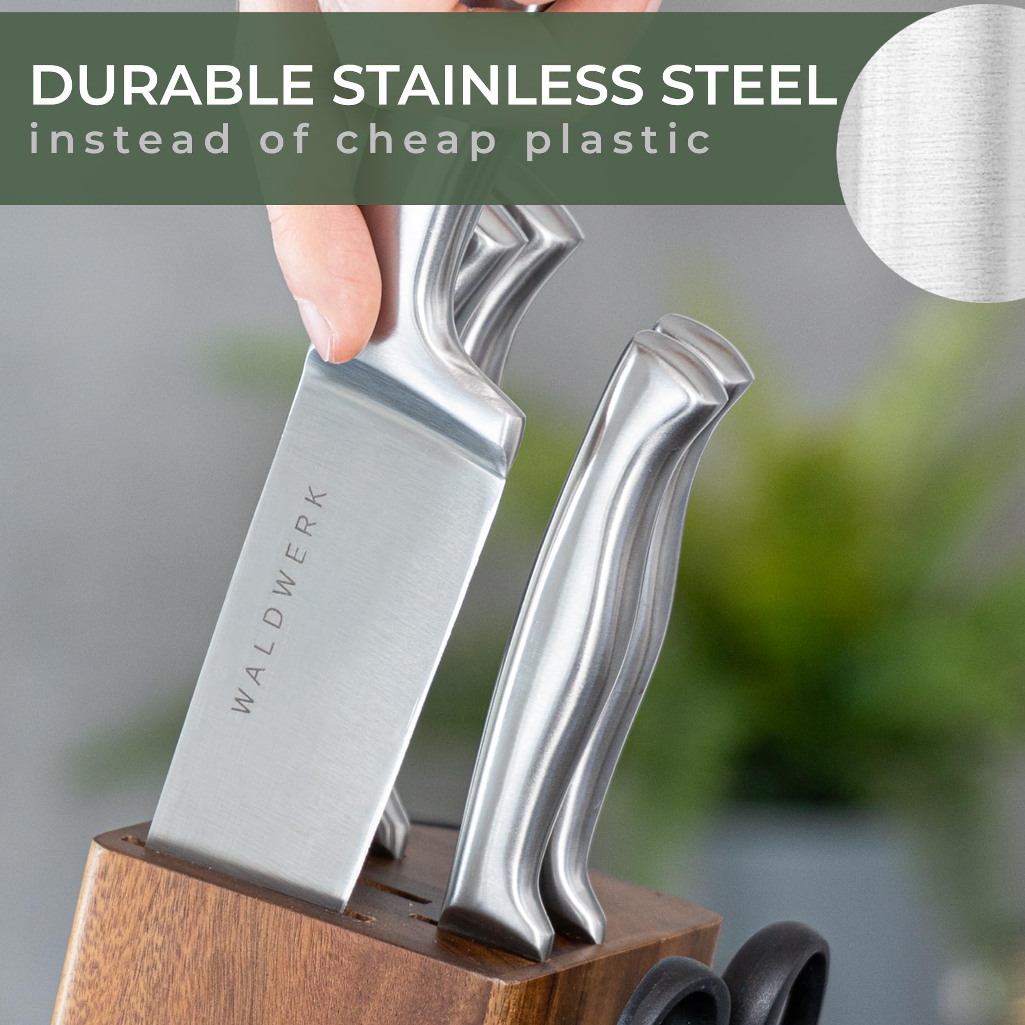 WALDWERK close-up of stainless steel handle showcasing grip and lasting strength benefit