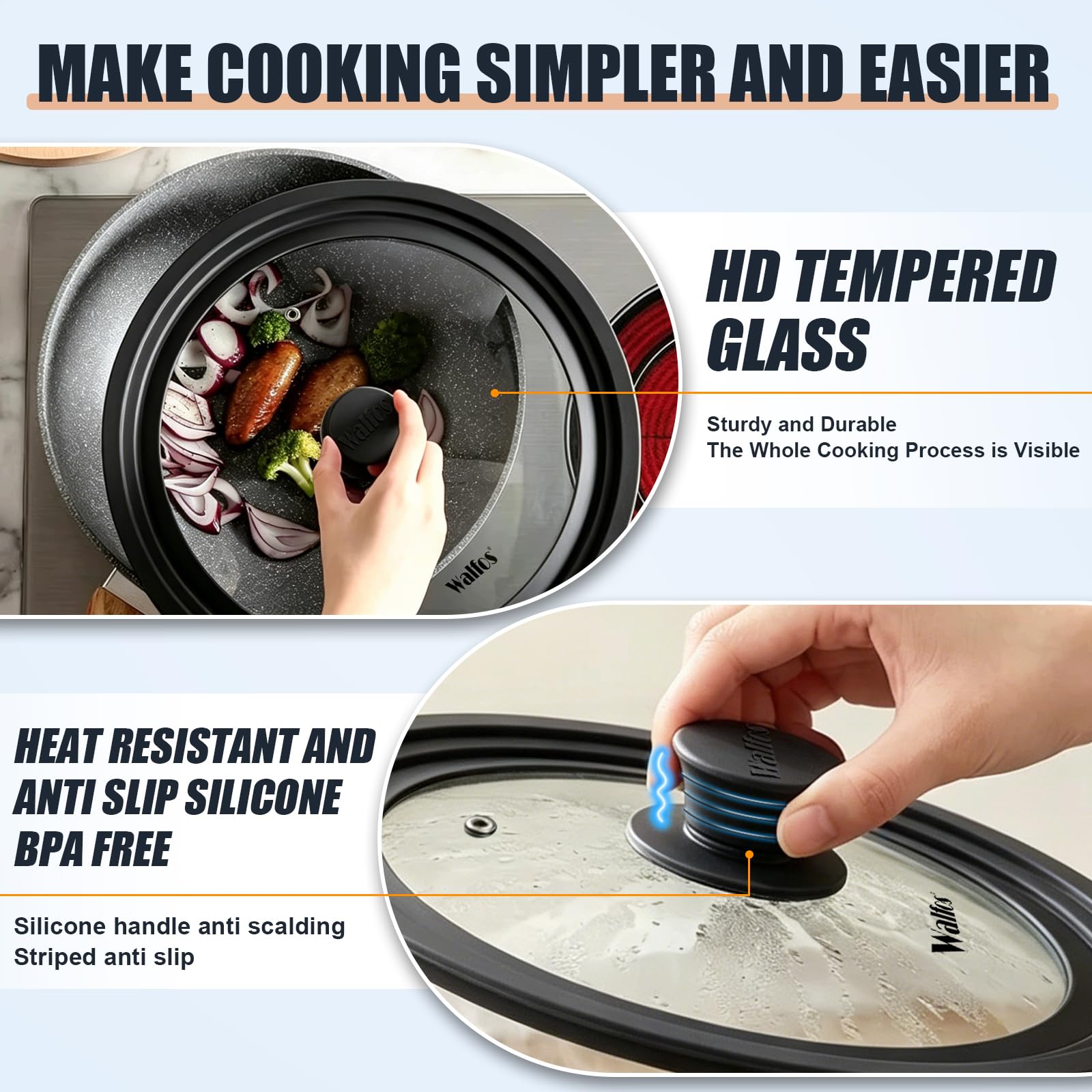 Walfos cool-touch knob detail for safe handling during cooking