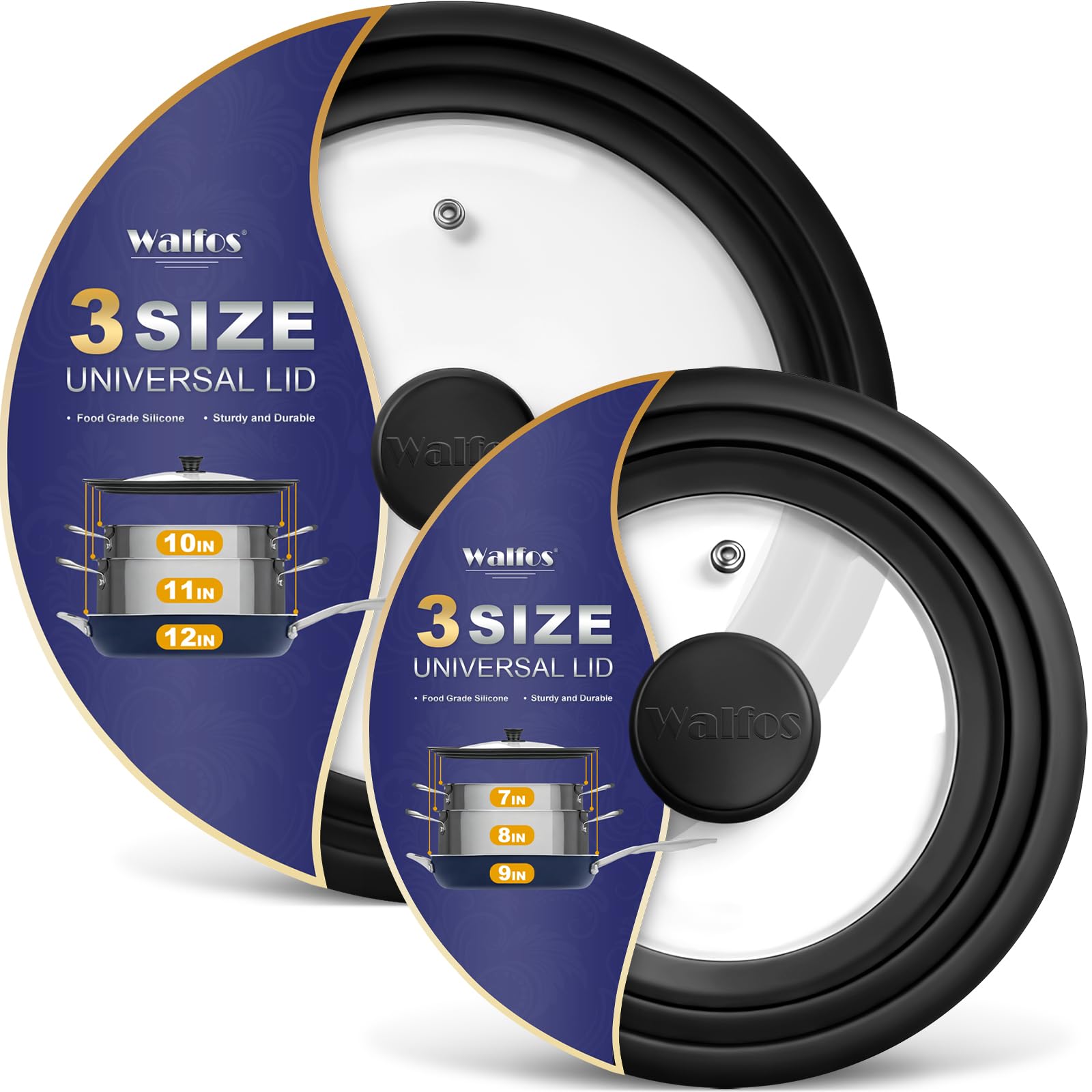 Walfos front view of two lids in pack showing durable tempered glass and size versatility