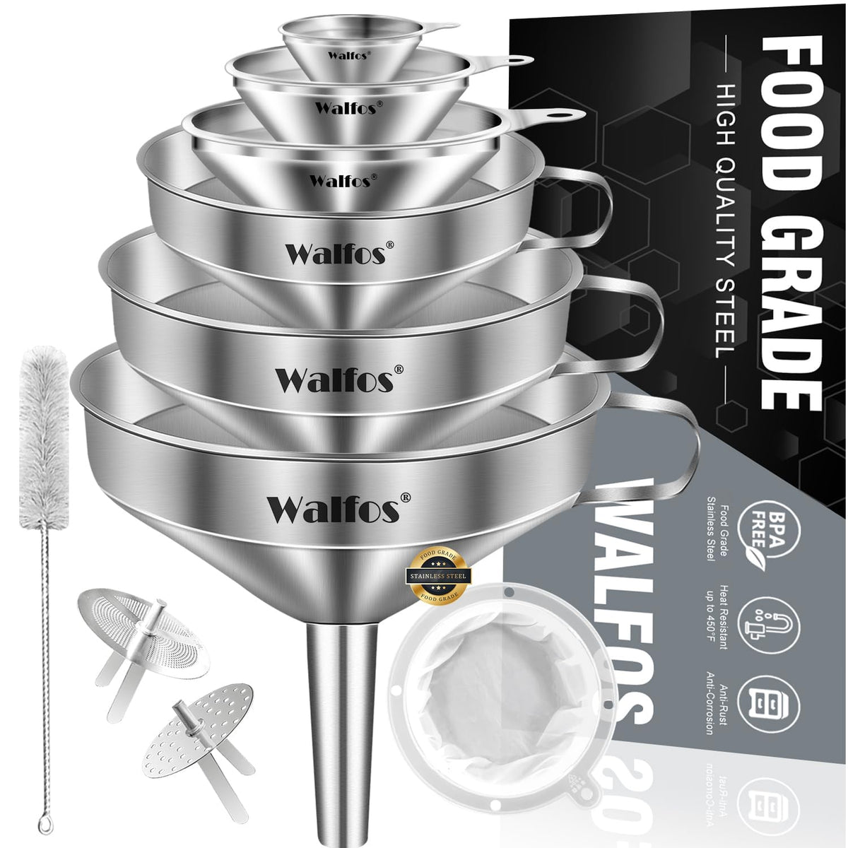 Walfos funnels front packaging showing six sizes and accessories for organized storage