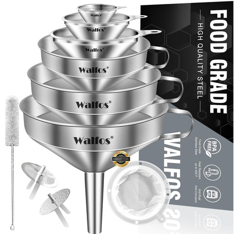 Walfos funnels front packaging showing six sizes and accessories for organized storage