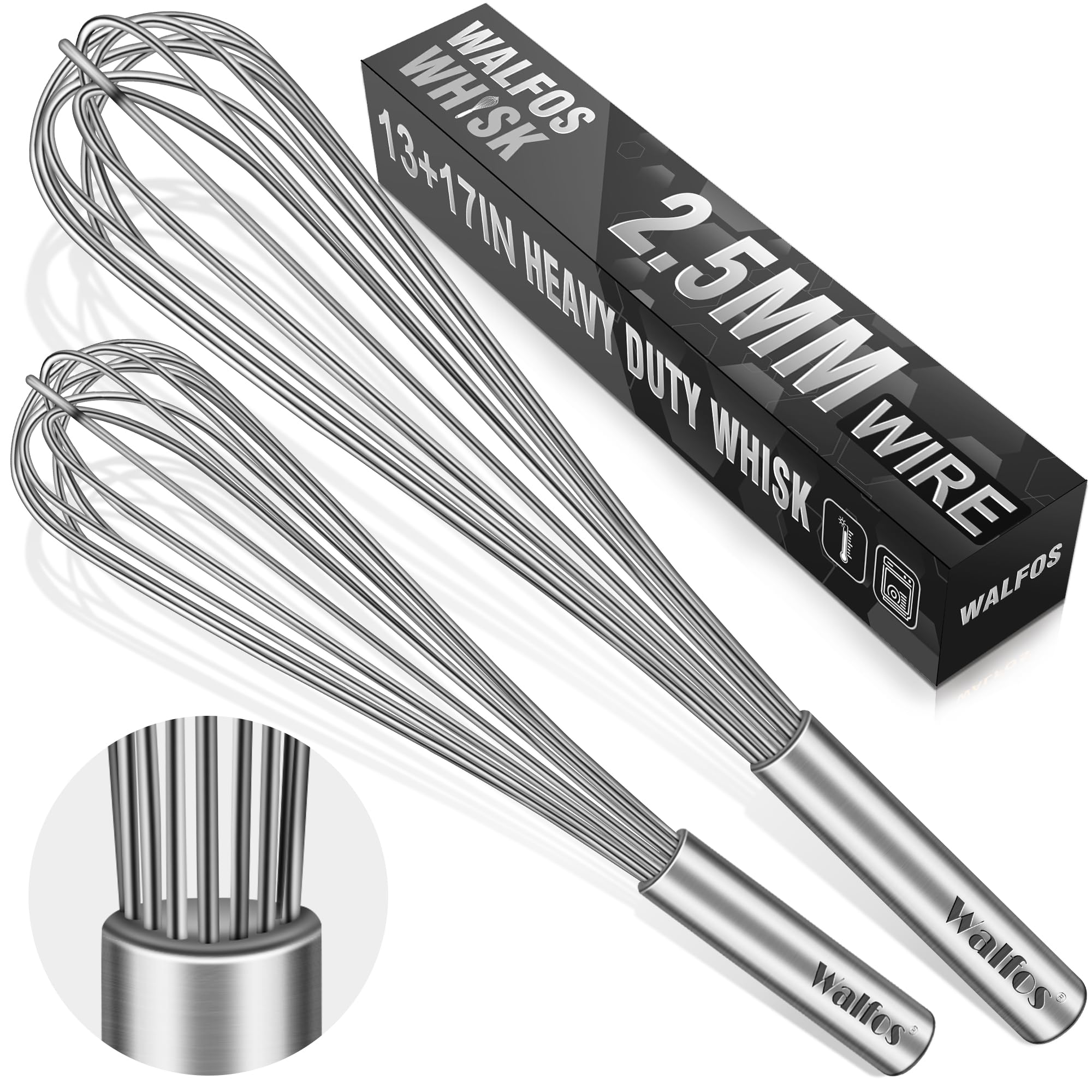 Walfos front view of 13 and 17 inch whisks showing full set and finish, durable performance