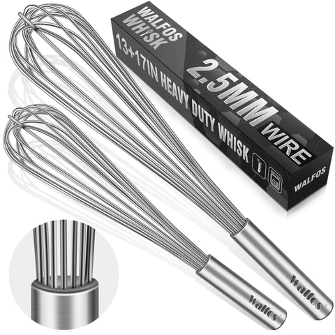 Walfos front view of 13 and 17 inch whisks showing full set and finish, durable performance