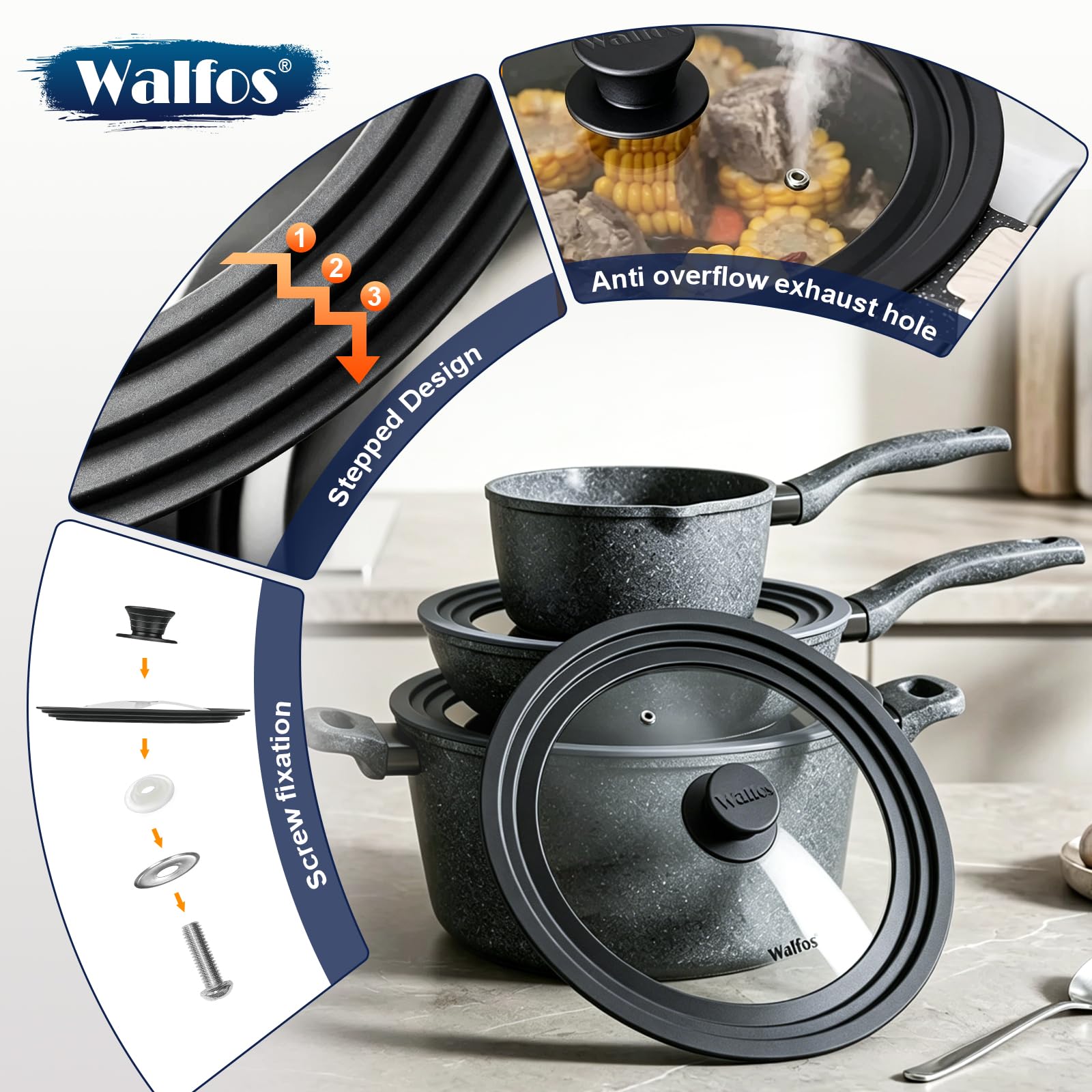 Walfos lid steam vent in use releasing excess moisture to prevent boil-overs