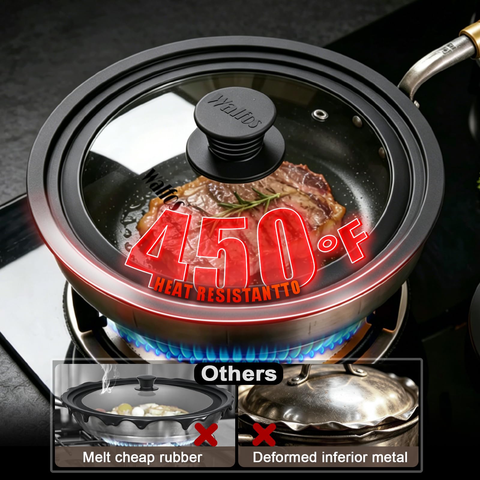 Walfos on 13-inch skillet action shot trapping steam and reducing splatter