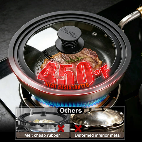 Walfos on 13-inch skillet action shot trapping steam and reducing splatter