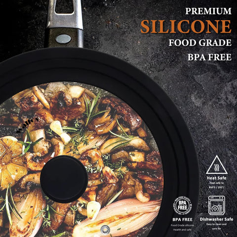 Walfos lids resting on different pans demonstrating universal fit across cookware sizes