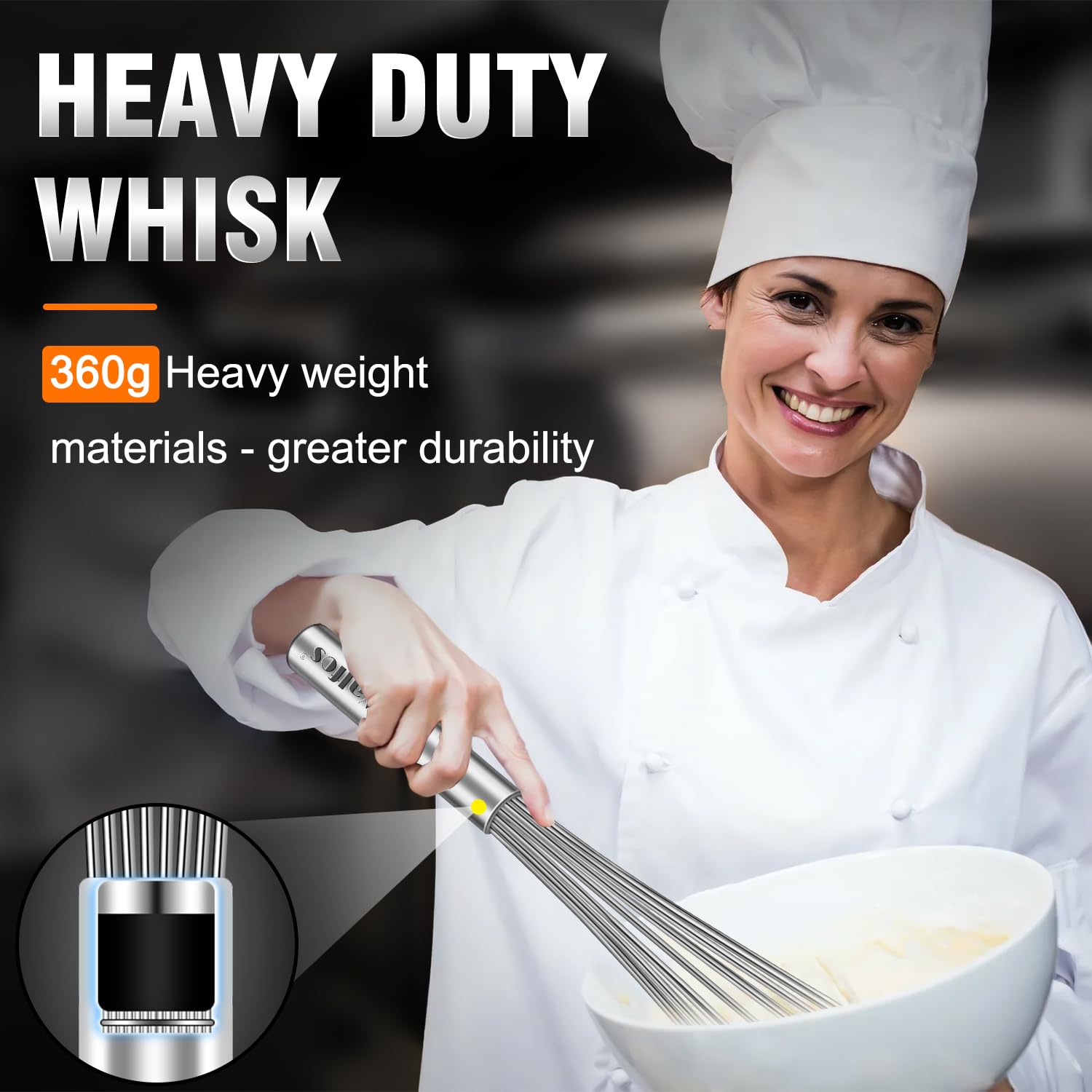 Walfos whisk size comparison of 13" and 17" demonstrating versatility for different tasks