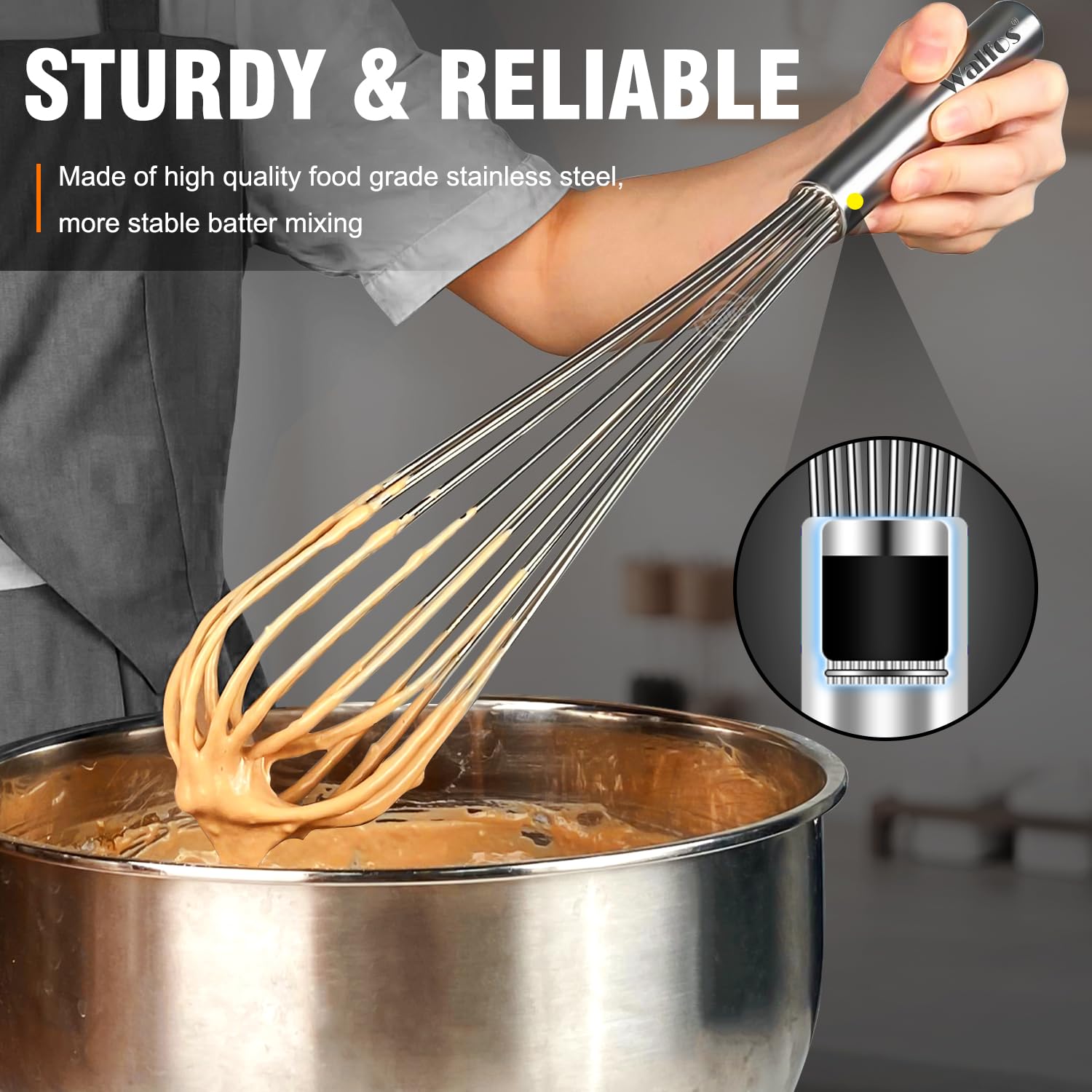 Walfos whisk on dishwasher top rack showing easy cleanup and time savings