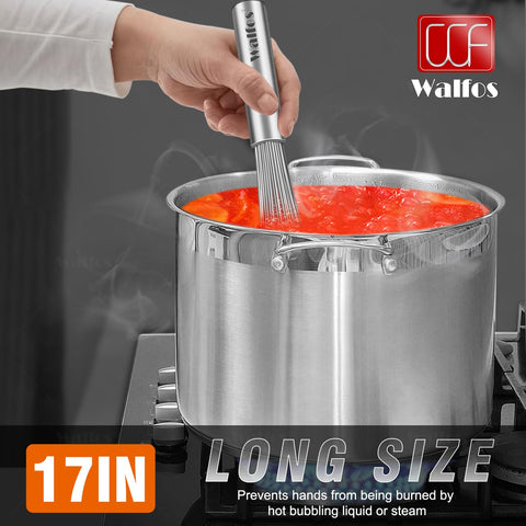 Walfos whisk stirring sauce in pot showing long reach and splash protection benefit