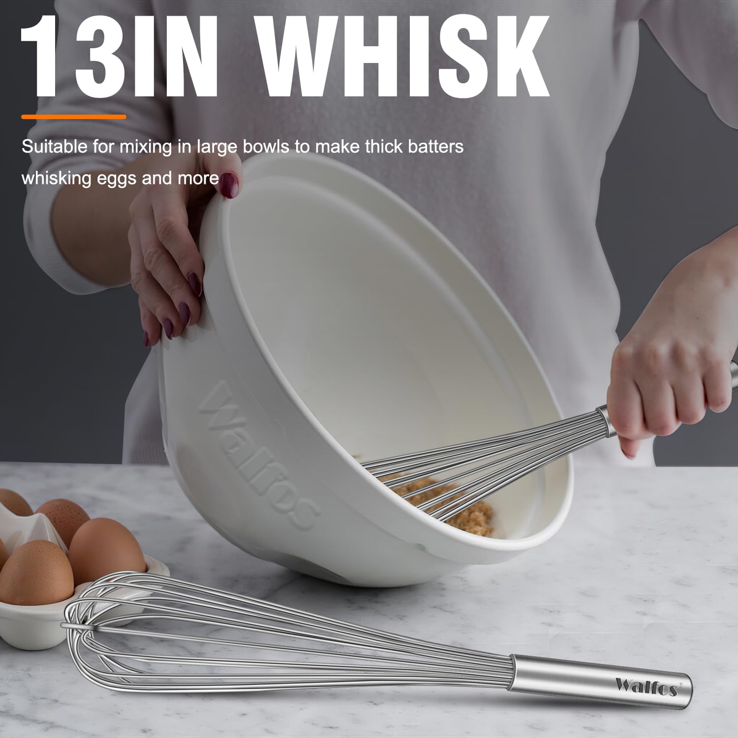 Walfos whisk beside ruler showing accurate 13 and 17 inch lengths for scale
