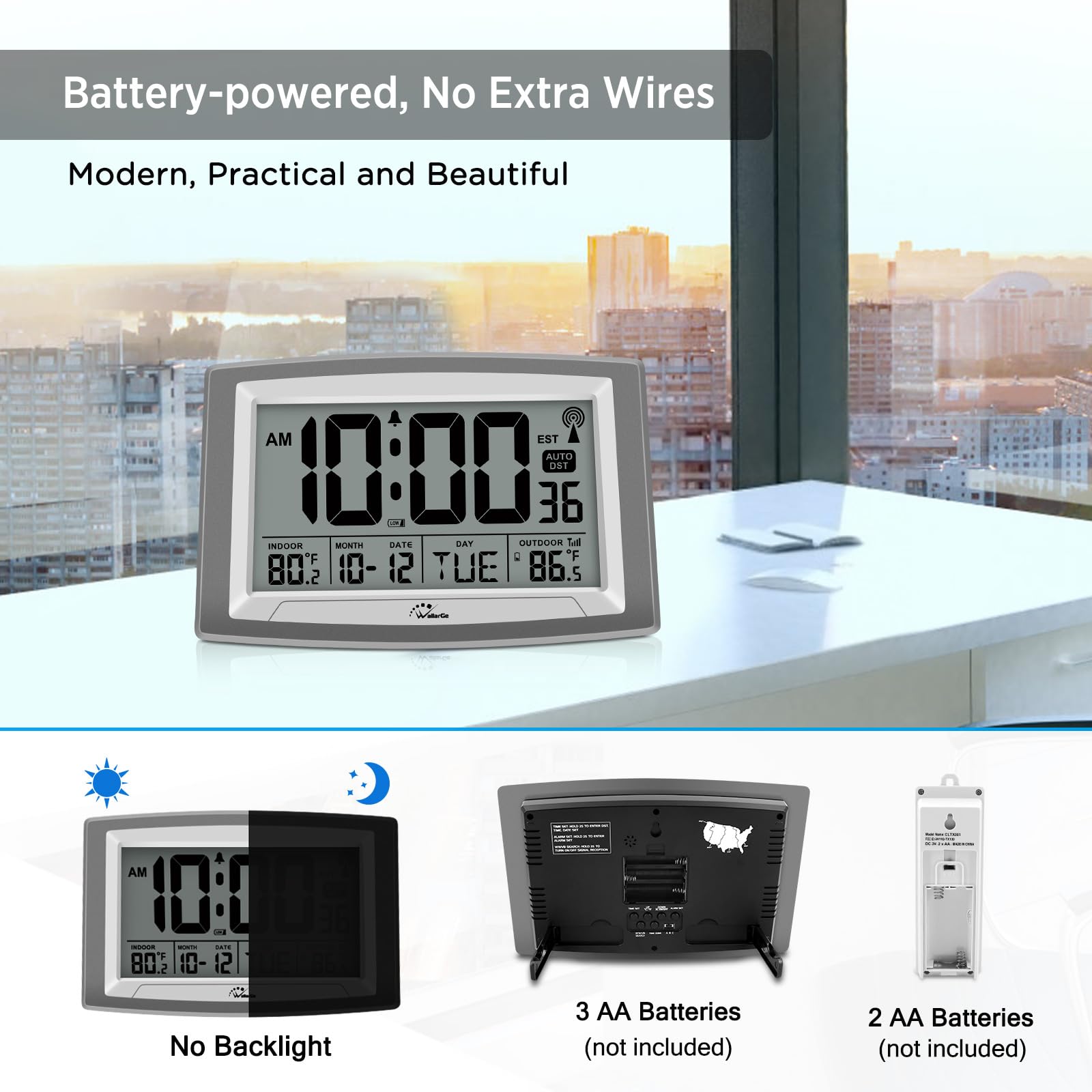WallarGe clock placed on desk with books showing cordless, portable placement advantage