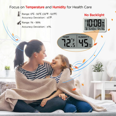 WallarGe close-up display highlighting clear time, temperature, and humidity readout