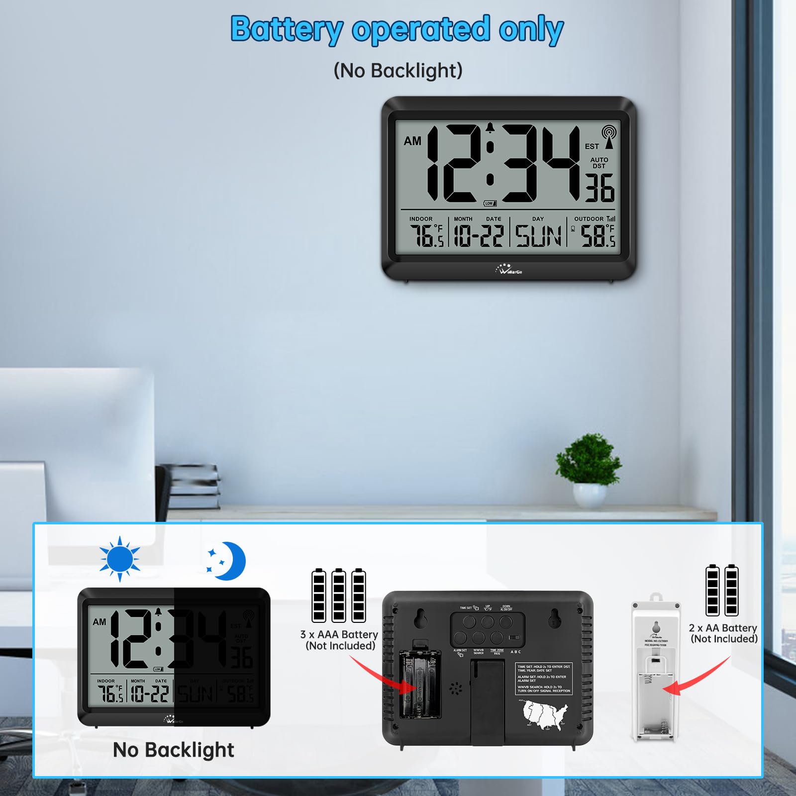 WallarGe clock on kitchen wall displaying temps, room-ready convenience benefit