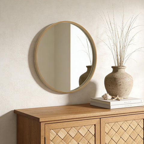 WallBeyond side profile of round mirror showing slim depth and benefit: lightweight hangability