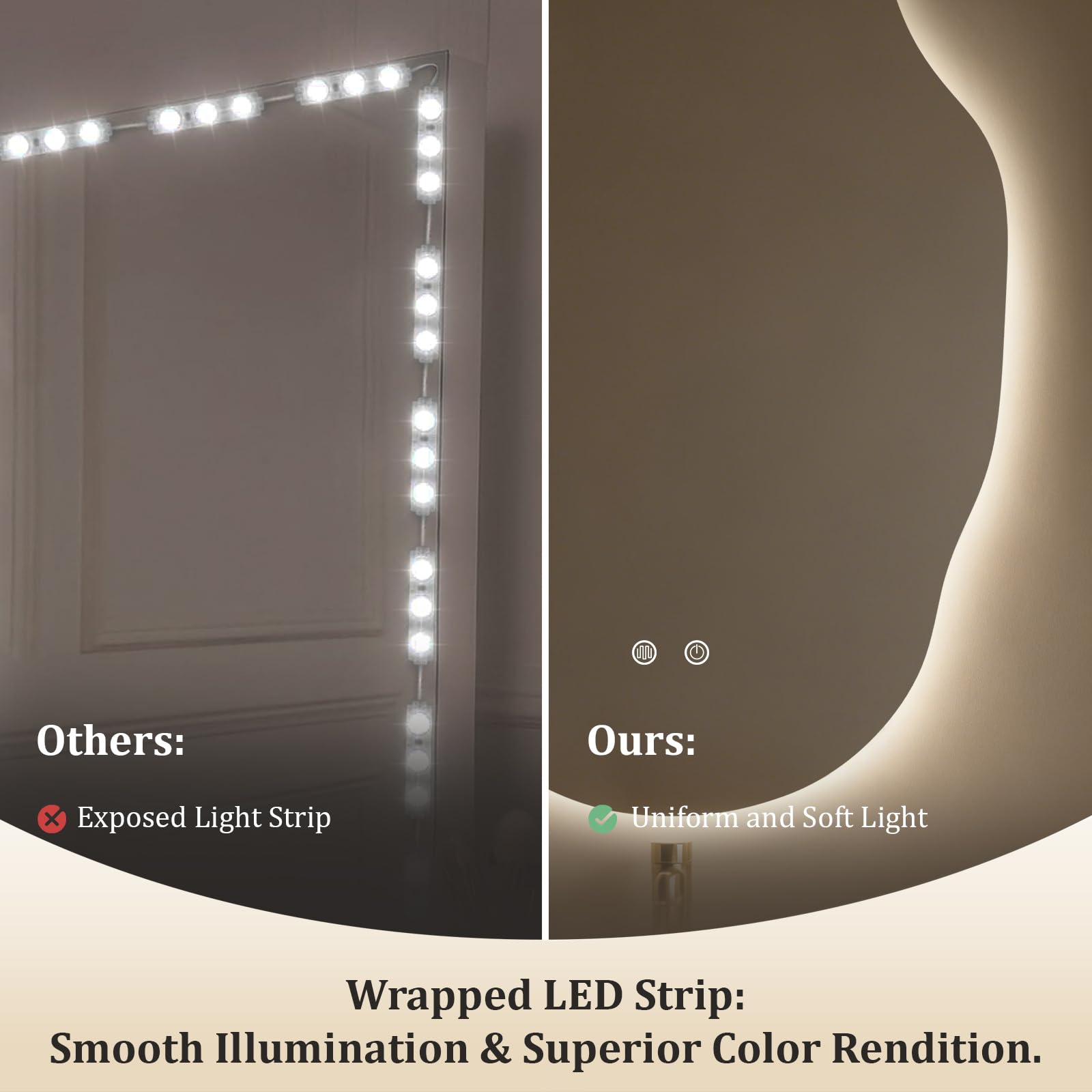 WallBeyond mirror mounted horizontally in bathroom demonstrating bright vanity lighting benefit