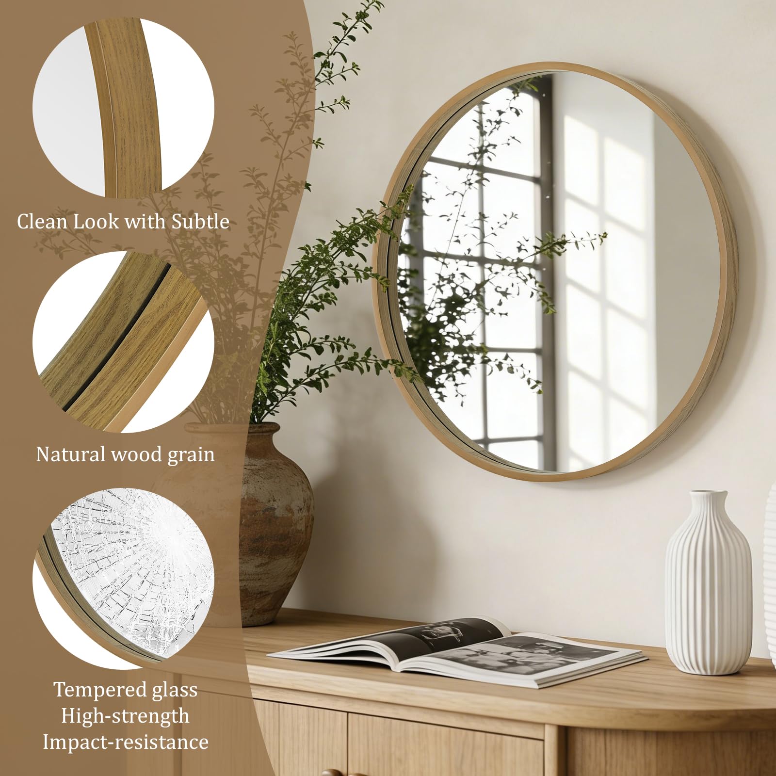 WallBeyond mirror above vanity reflecting bathroom light and benefit: brighter grooming area
