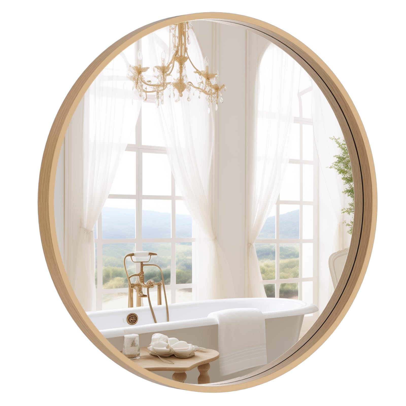 WallBeyond front view of 24-inch round mirror showing clean natural frame and benefit: stylish focal point