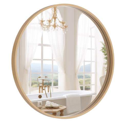 WallBeyond front view of 24-inch round mirror showing clean natural frame and benefit: stylish focal point