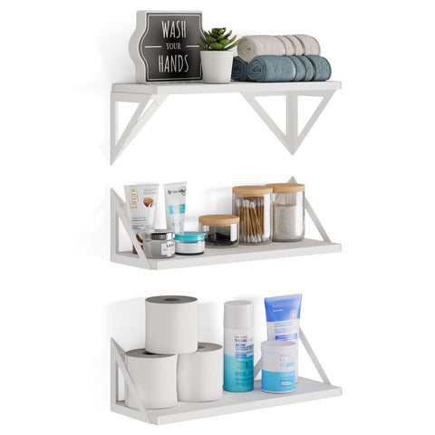 Wallniture front view of three washed white shelves showing clean farmhouse style and instant storage