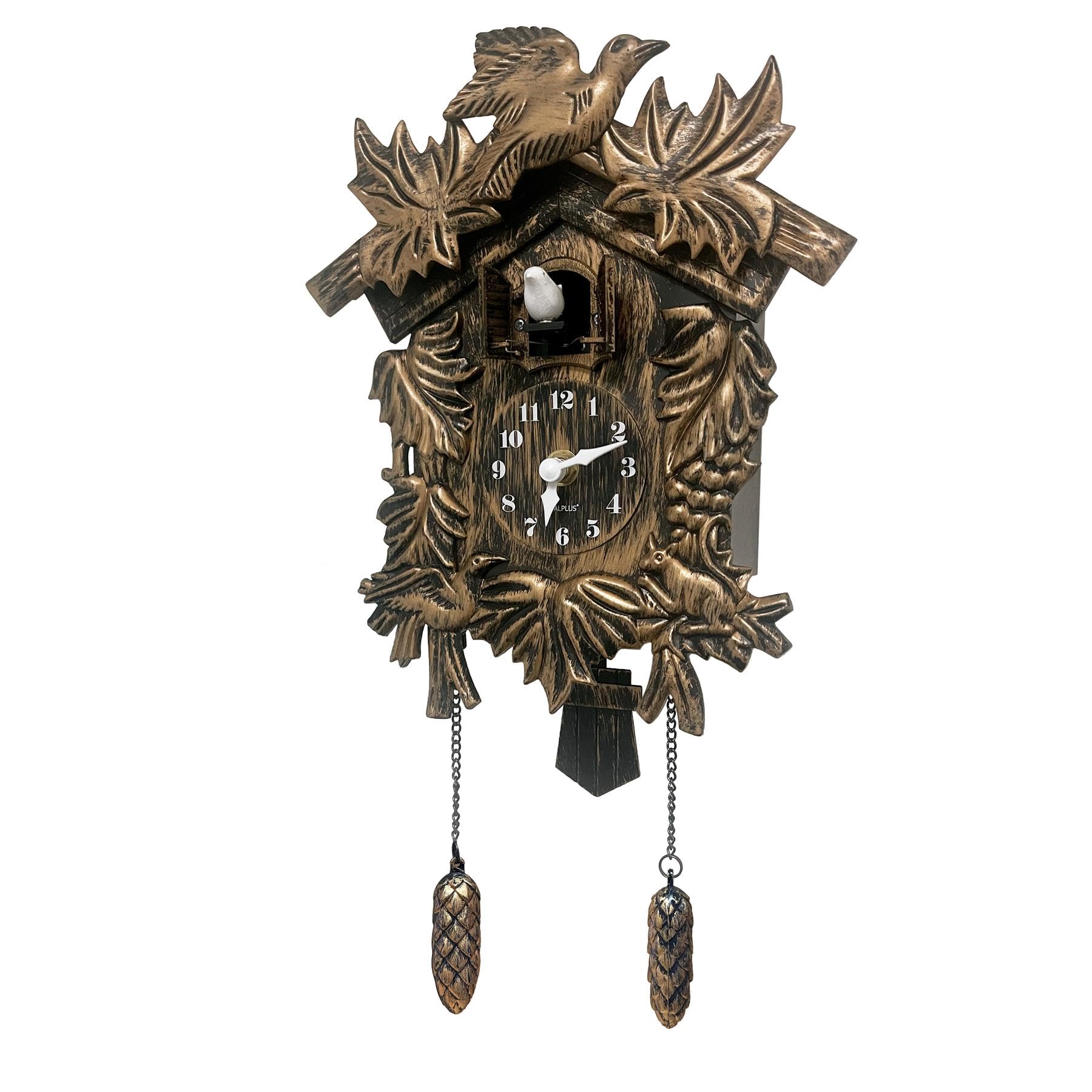 WALPLUS front view of brown cuckoo clock showing chalet design and readable dial