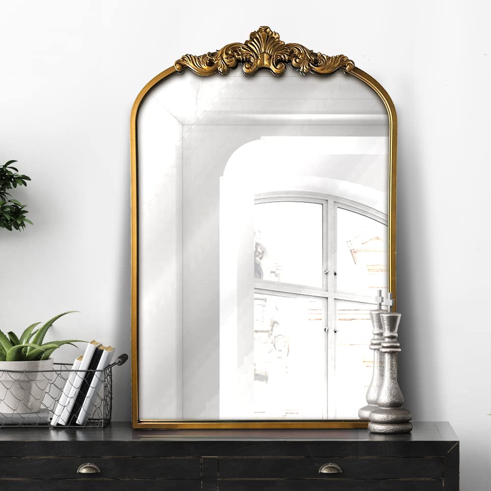 WAMIRRO mirror above fireplace adds antique brass warmth and focal interest