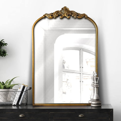 WAMIRRO mirror above fireplace adds antique brass warmth and focal interest
