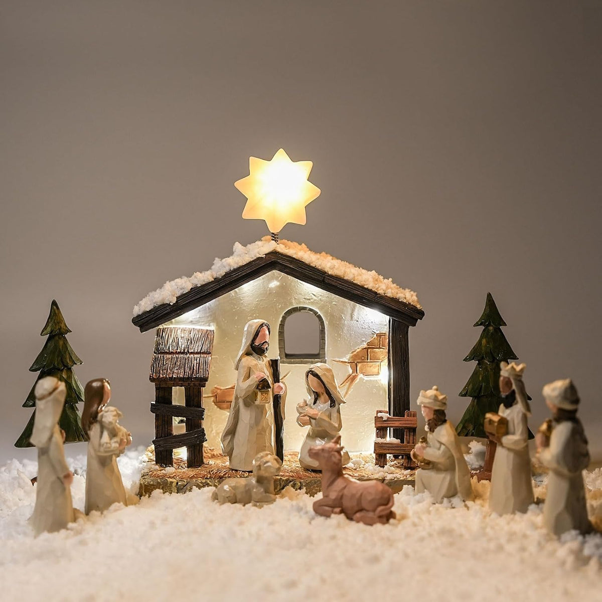 WANCHIY front packaging showing the complete 13-piece nativity set and gift-ready box