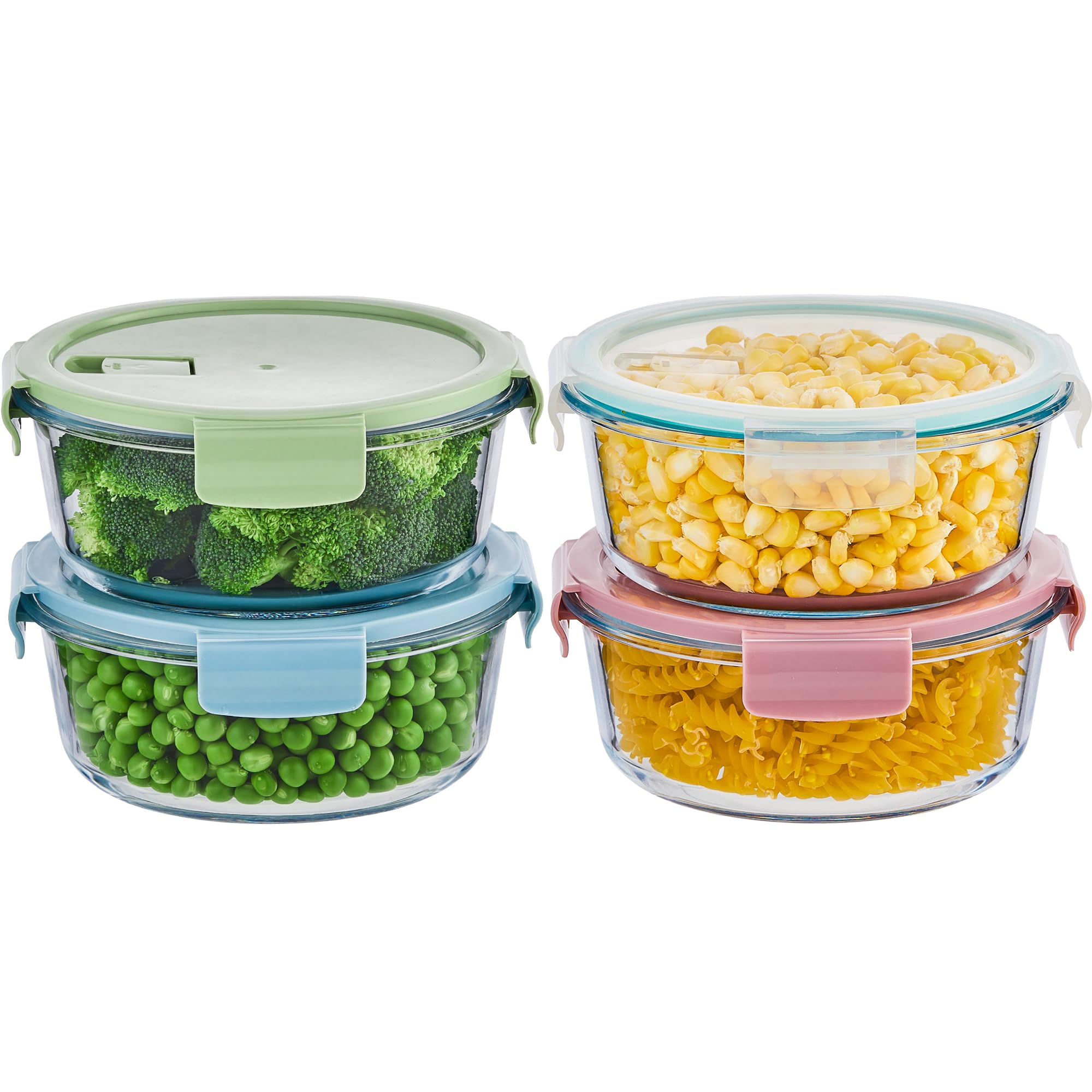 Wancilock front view of round glass containers showing clear bowls and lids for organized storage