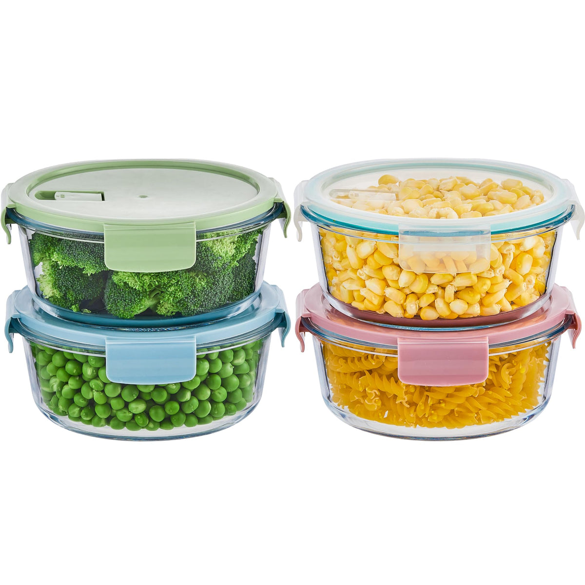 Wancilock front view of round glass containers showing clear bowls and lids for organized storage