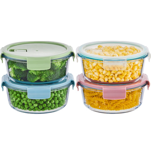 Wancilock front view of round glass containers showing clear bowls and lids for organized storage