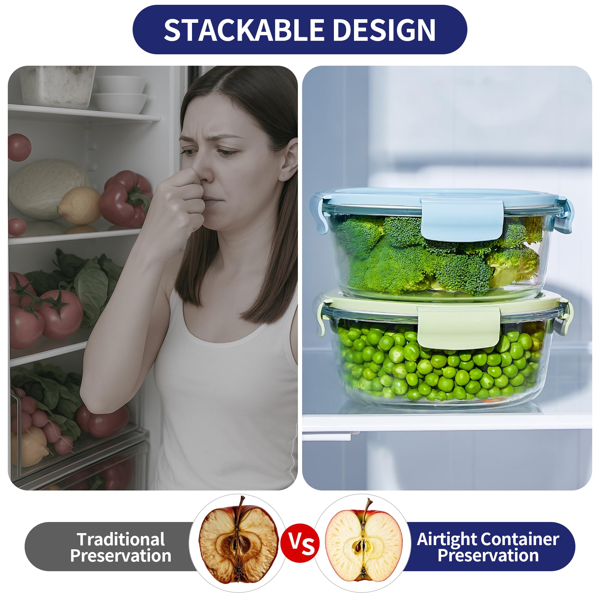Wancilock stacked round containers inside fridge to show space-saving and neat organization