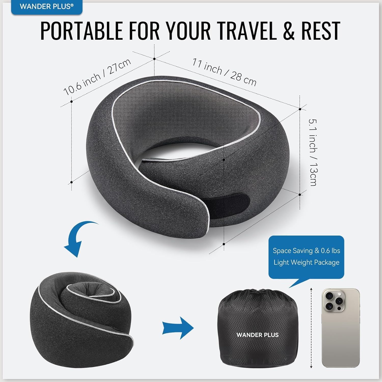 WANDER+ pillow in use on airplane seat showing neck stability benefit