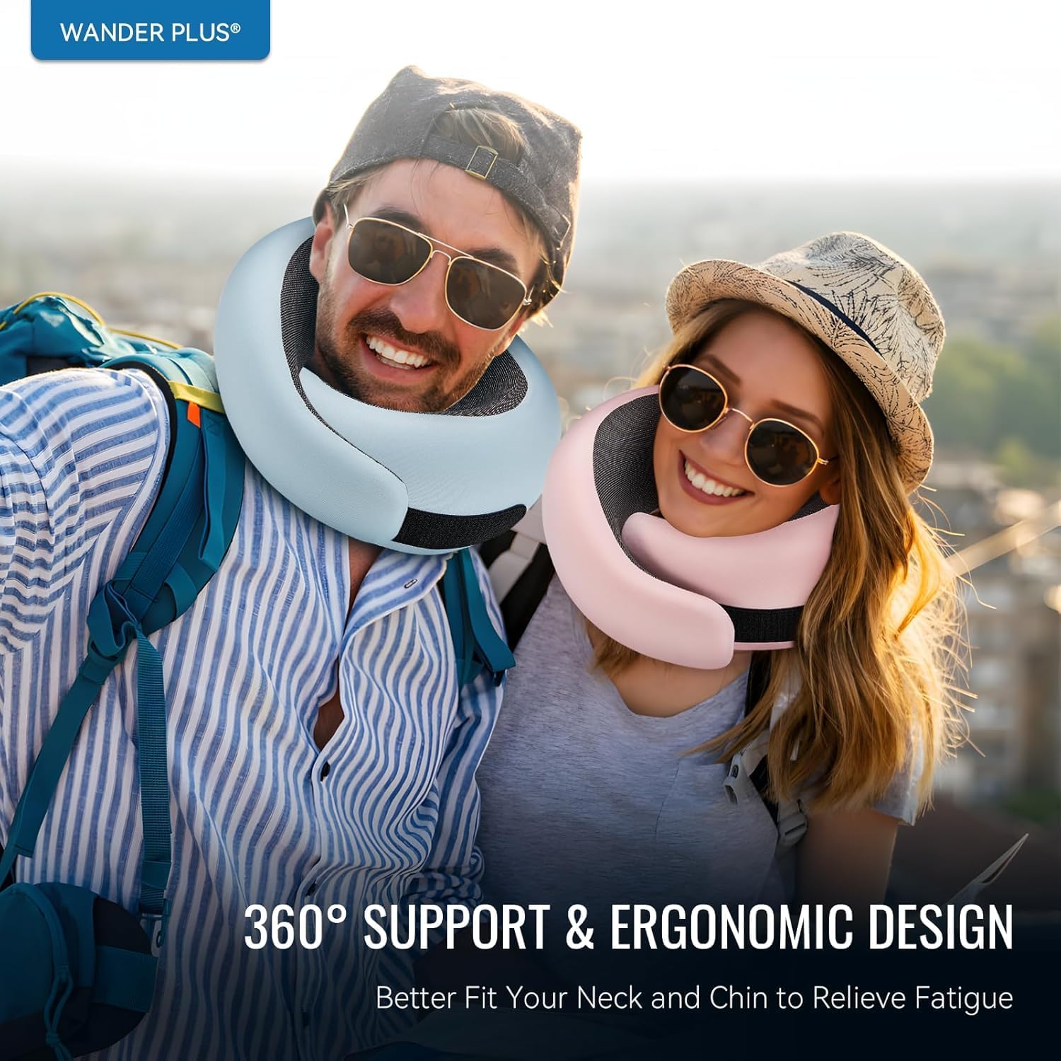 WANDER+ pillow beside backpack illustrating compact portable benefit