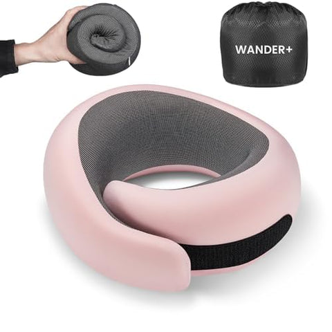 WANDER+ front view of pink neck pillow showing shape and comfort