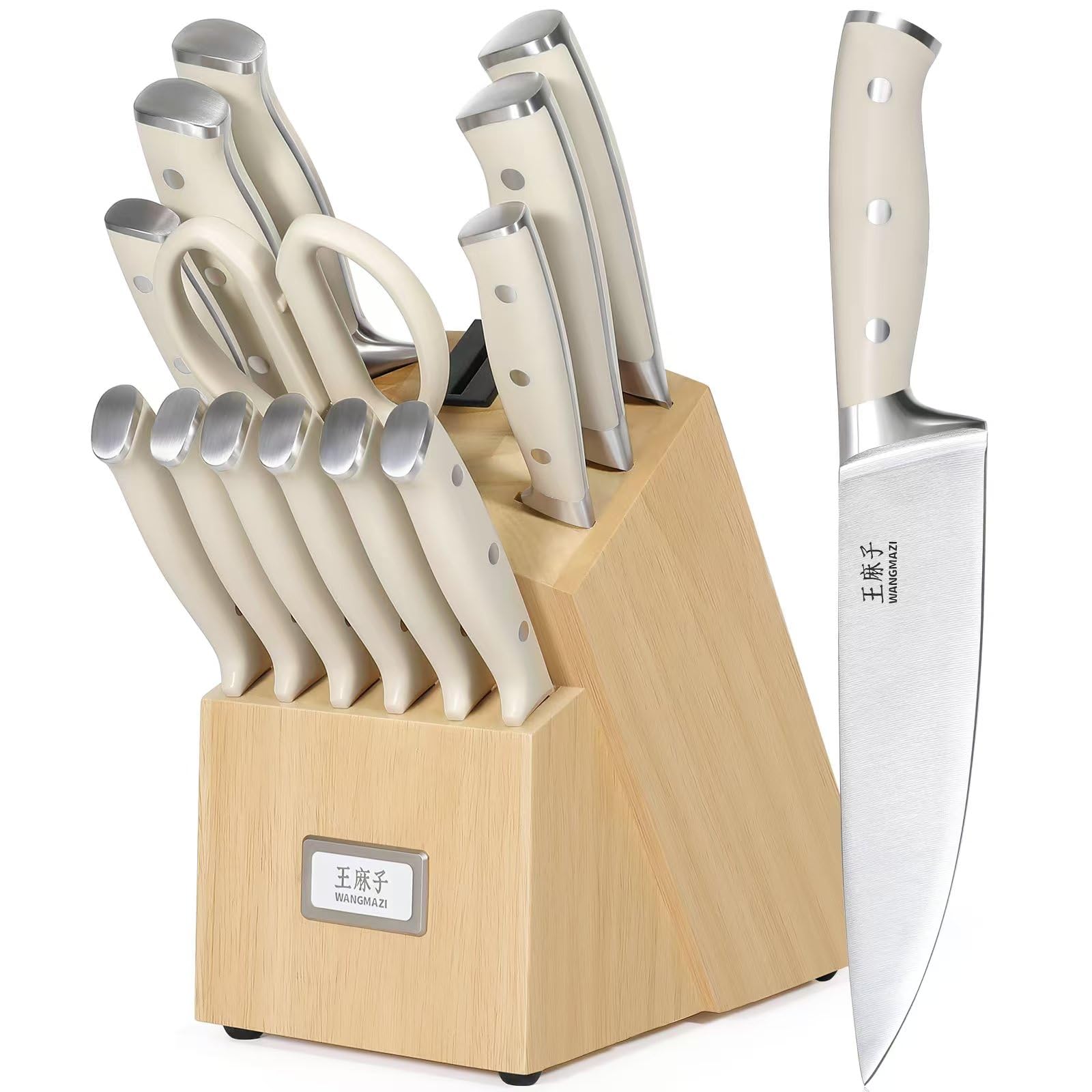 WANGMAZI front view of complete knife block set showing organization and quick access