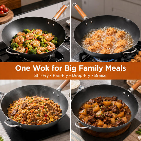 WANGYUANJI wok in use stir-fry action showing high-heat searing