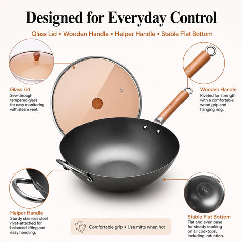 WANGYUANJI wok size comparison showing large 6–8 person capacity
