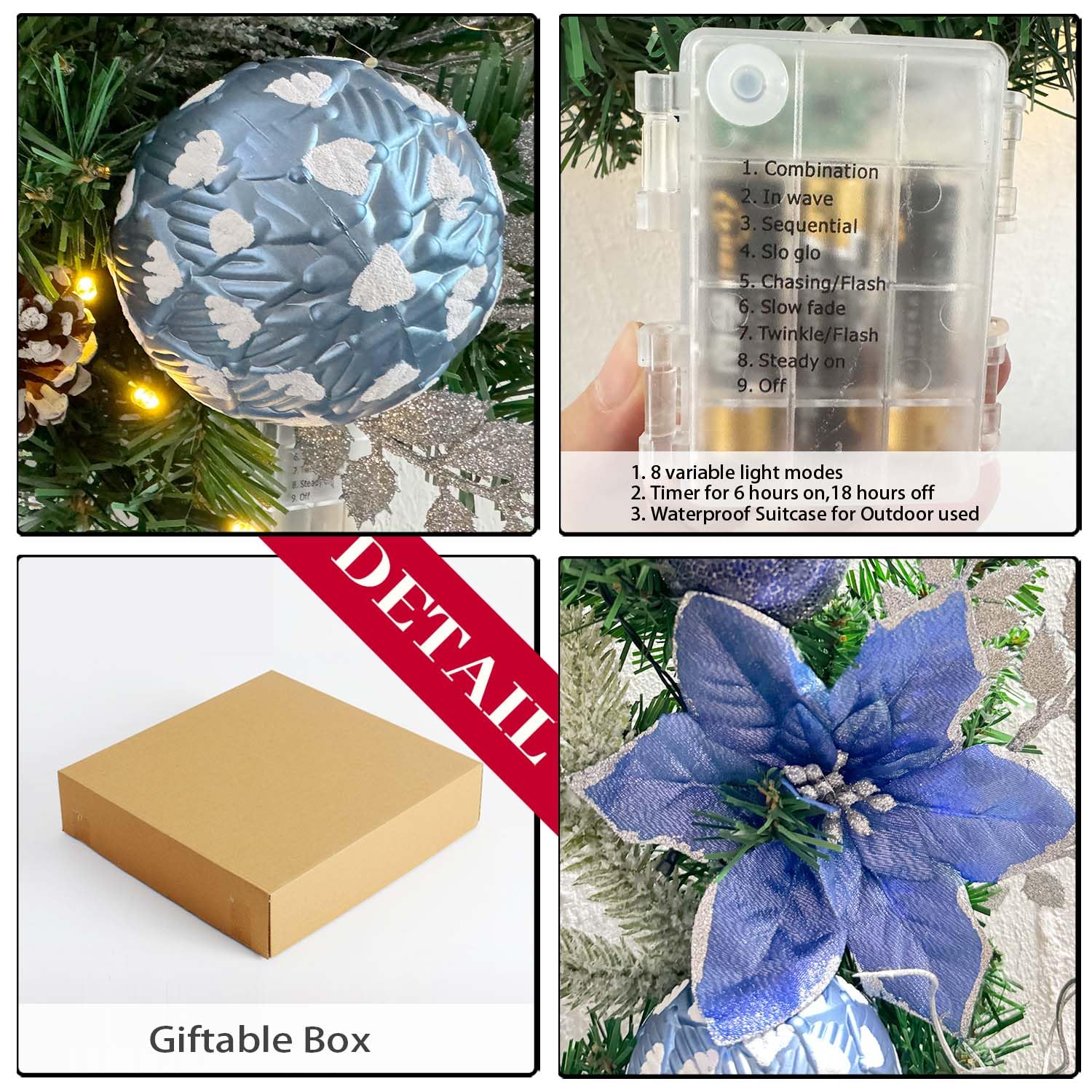 WANNA-CUL blue baubles and pine cone detail providing contrast and depth
