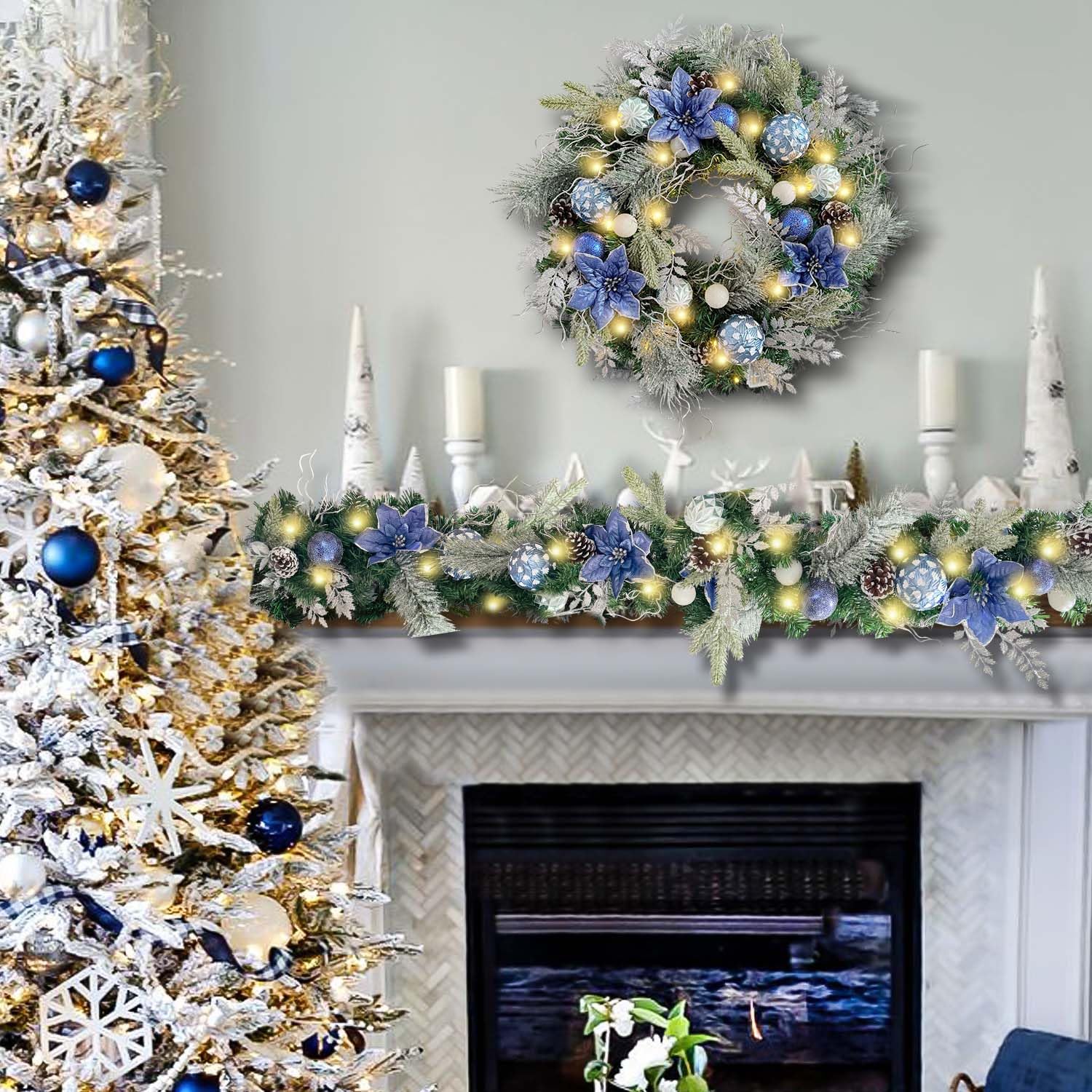 WANNA-CUL wreath lit on a porch at night creating warm ambient glow