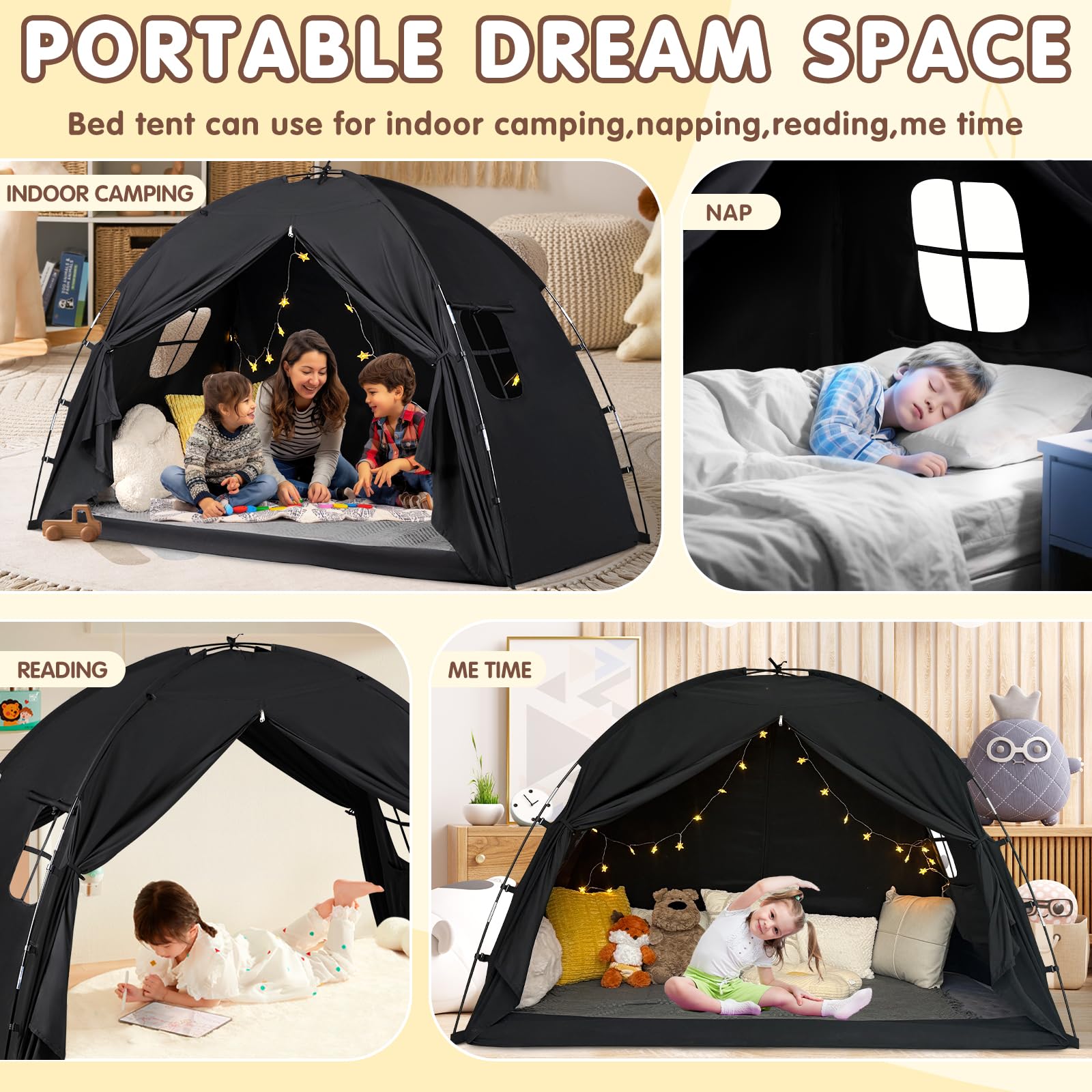 WANRU child inside tent reading showing cozy play and sleep space
