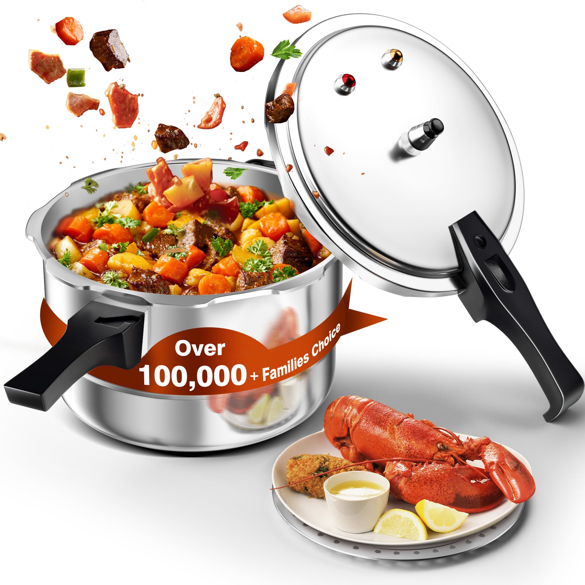 WantJoin pressure cooker front view showing sturdy build and capacity benefit